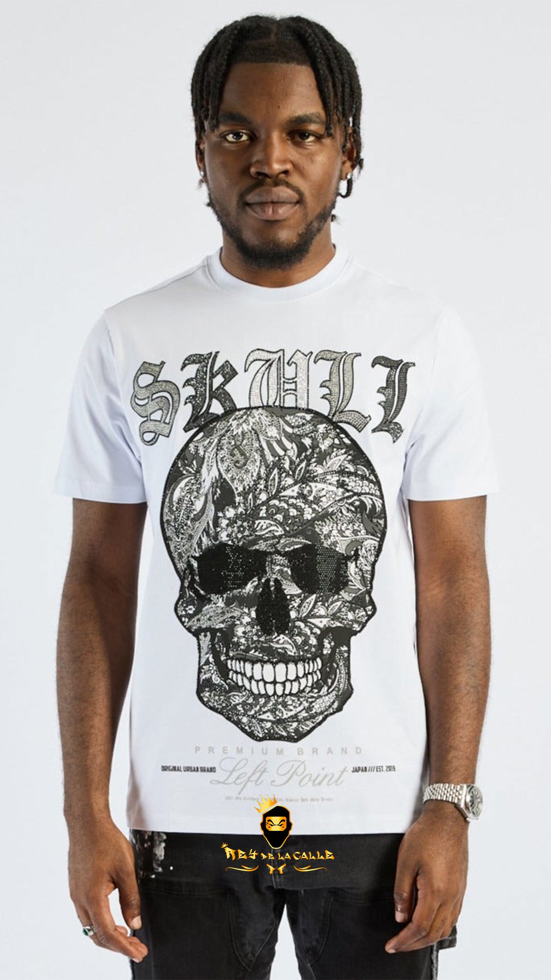 Camiseta Blanca de Lujo Left Point - Calavera Floral en Pedrería y Cristales Silver Rey De La Calle