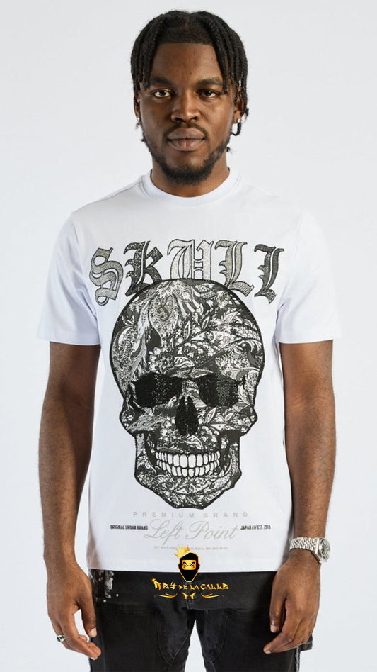 Camiseta Blanca de Lujo Left Point - Calavera Floral en Pedrería y Cristales Silver Rey De La Calle
