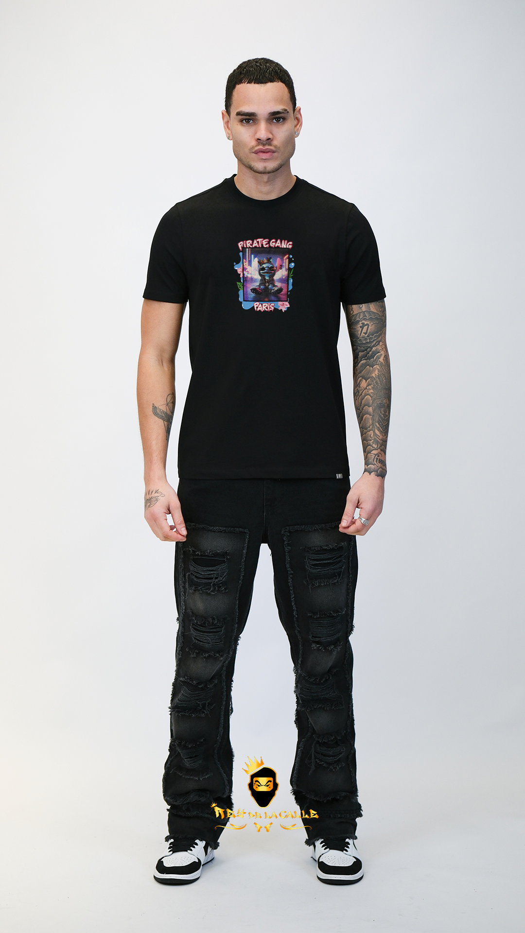 Camiseta Pirate Gang París Negra Terciopelo y Pedrería Brillante Stitch - Rey De La Calle