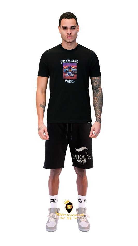 Conjunto. Camisetas o pantalon corto Pirate Gang Paris Negra Terciopelo y Pedrería Brillante Pato Lucas Rey De La Calle
