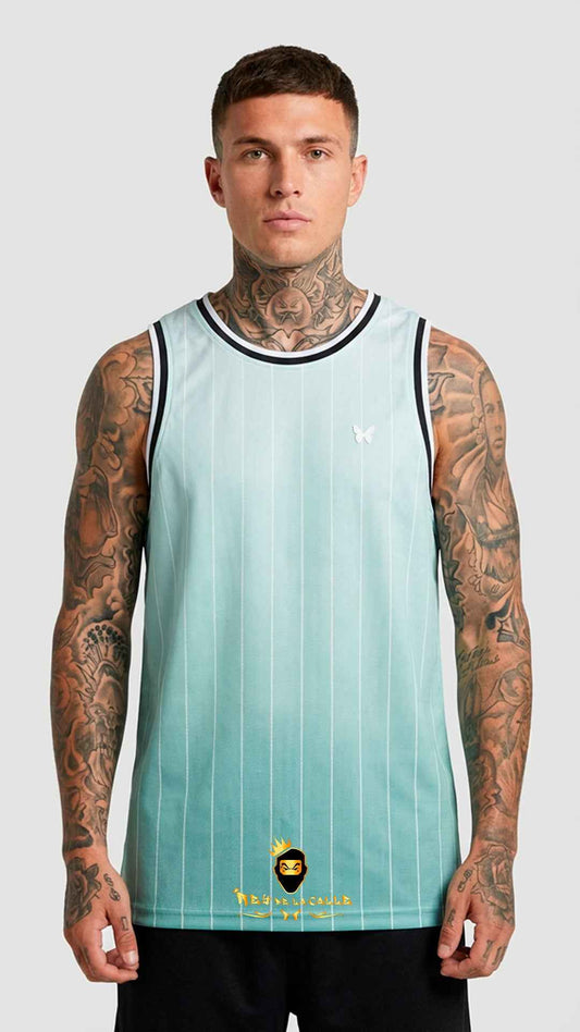 Camiseta de Tirantes Verde Menta de Hombre con Rayas Verticales Blancas y Logo de Mariposa