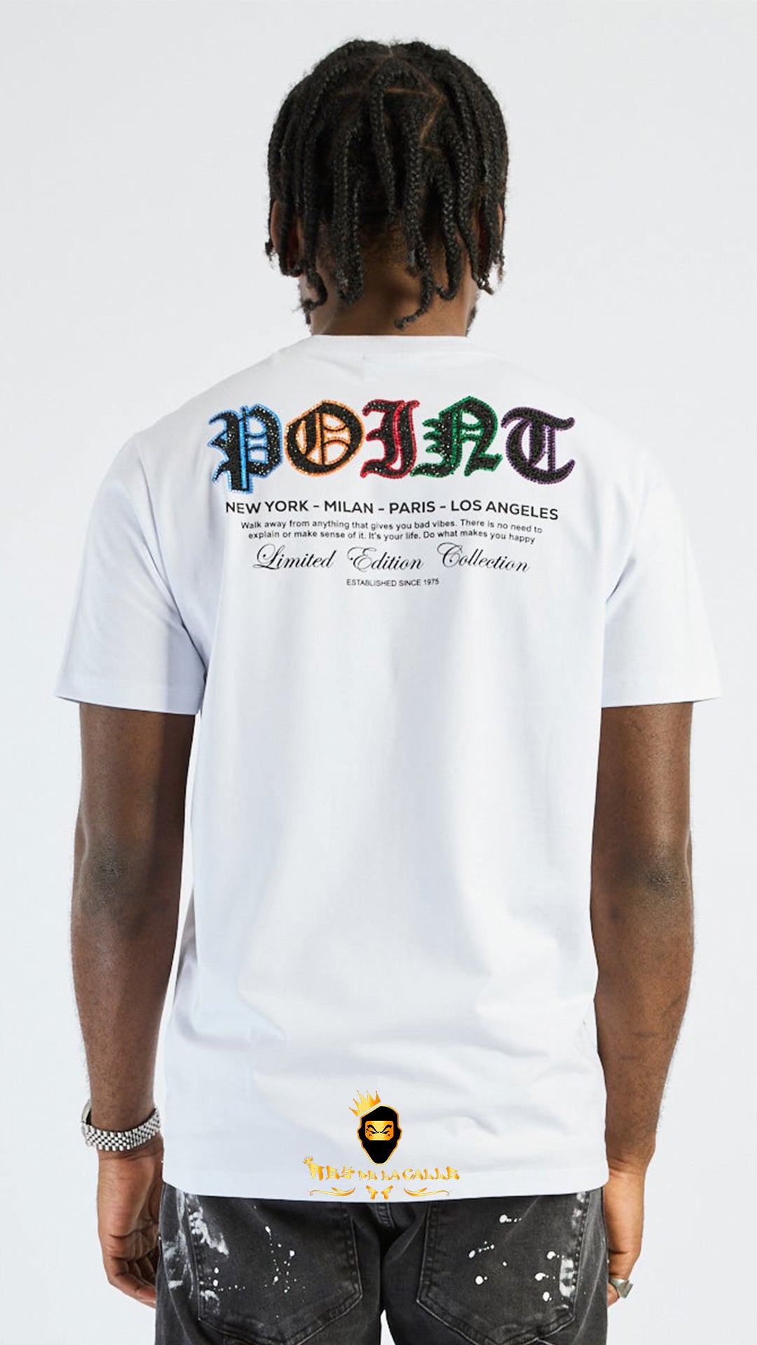 Camiseta Blanca Left Point "Limited Edition" - Calavera con Logotipo de Colores en Pedrería Rey De La Calle