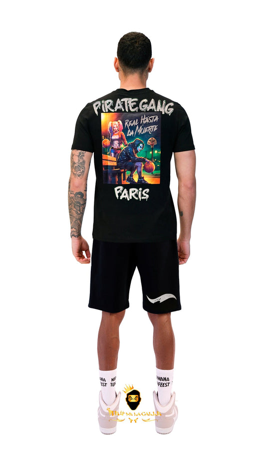 Conjunto. Camisetas o pantalon corto Pirate Gang Paris Negra Terciopelo y Pedrería Brillante Joker Rey De La Calle