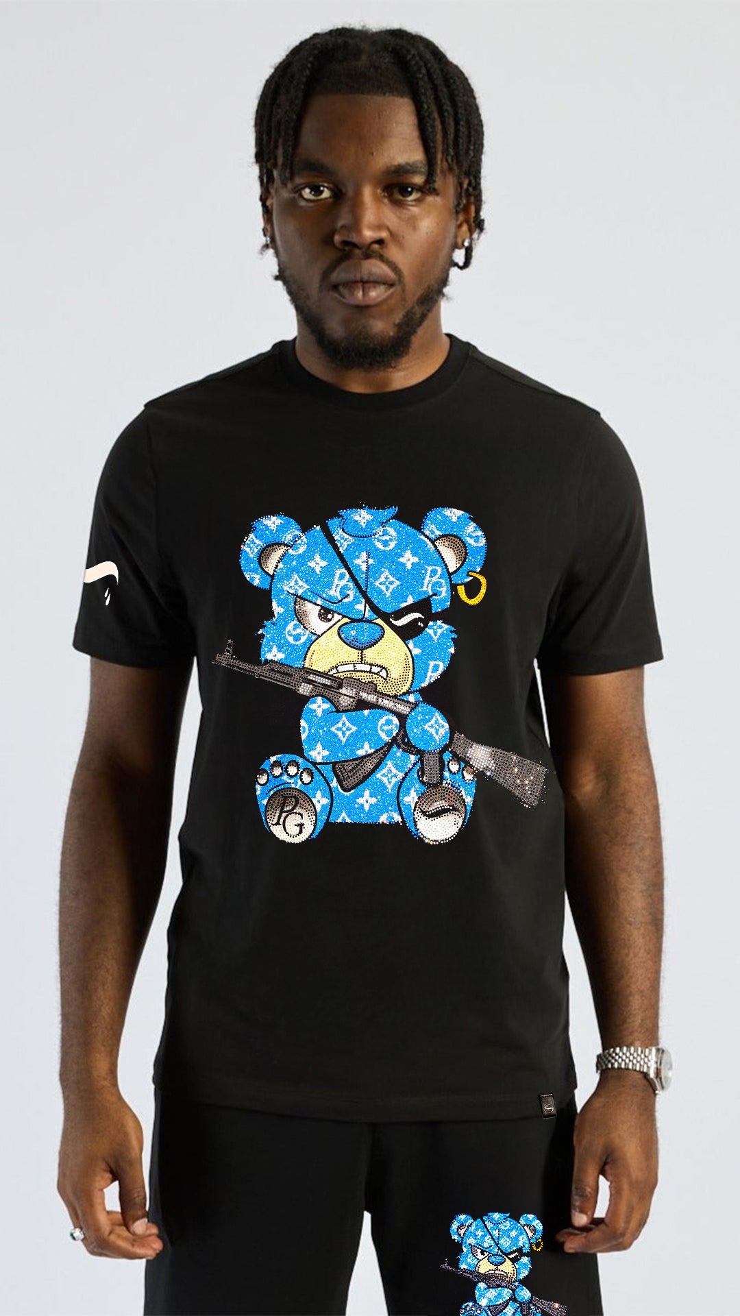 Conjunto Pirate Gang París Negro Pedrería Brillante Oso Azul Ak47