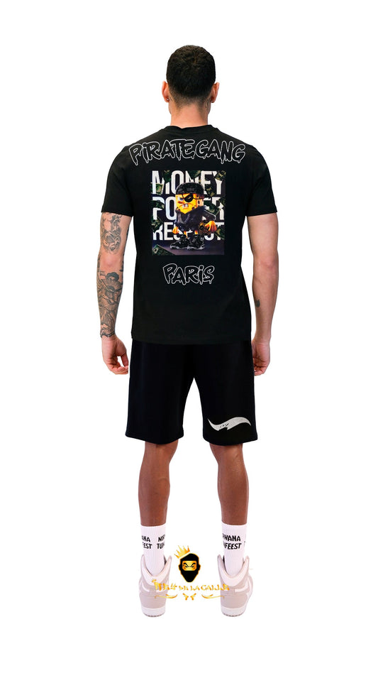 Conjunto. Camisetas o pantalon corto Pirate Gang Paris Negra Terciopelo y Pedrería Brillante Bob Esponja Rey De La Calle