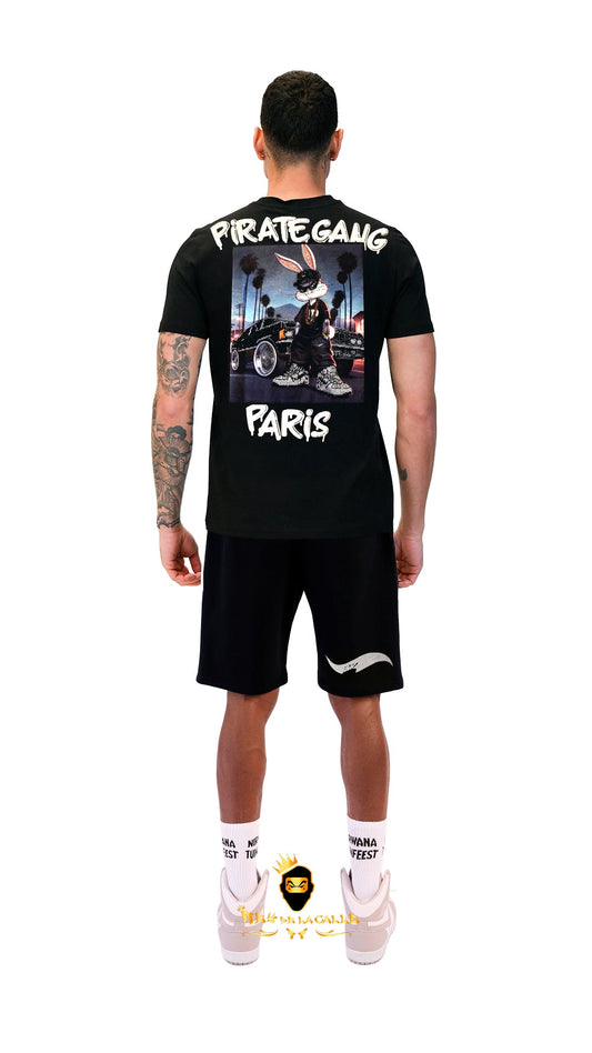 Conjunto. Camisetas o pantalon corto Pirate Gang Paris Negra Terciopelo y Pedrería Brillante Bugs Bunny Rey De La Calle