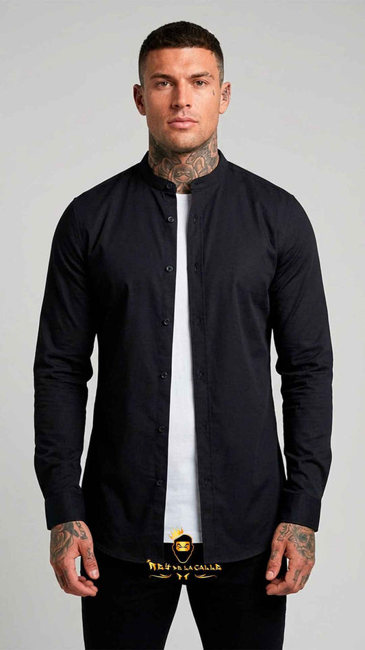 Camisa de Manga Larga SikSilk  Cuello Tira en Color Negro