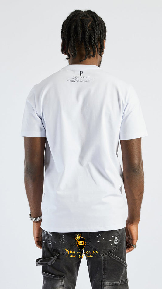 Camiseta Blanca de Lujo Left Point - Calavera Floral en Pedrería y Cristales Silver Rey De La Calle