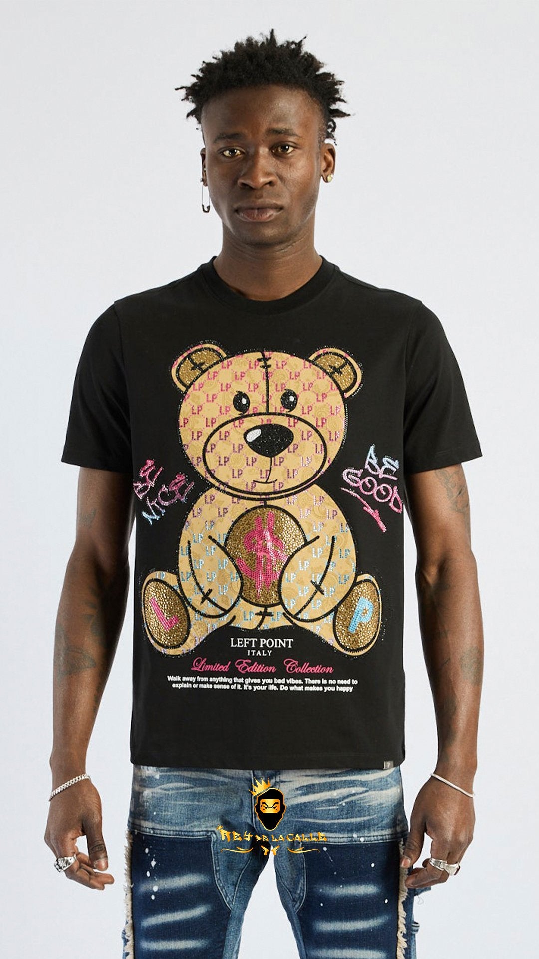 Camiseta Left Point Negra Pedrería Brillante Oso Good