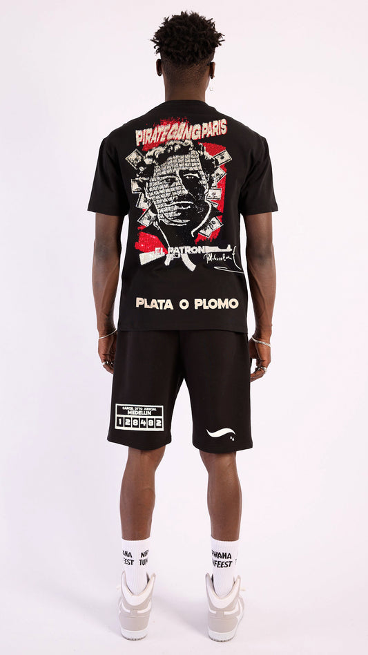 Conjunto Urbano Pirate Gang Paris El Patrón  Camiseta y Short Plata o Plomo con Pedrería Rey De La Calle