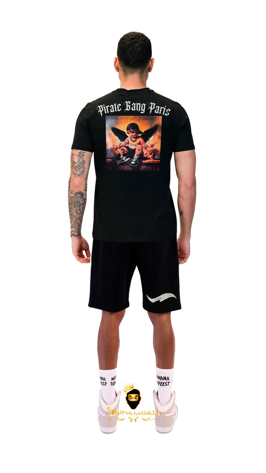 Conjunto. Camisetas o pantalon corto Pirate Gang Paris Negra Terciopelo y Pedrería Brillante Angel Rey De La Calle