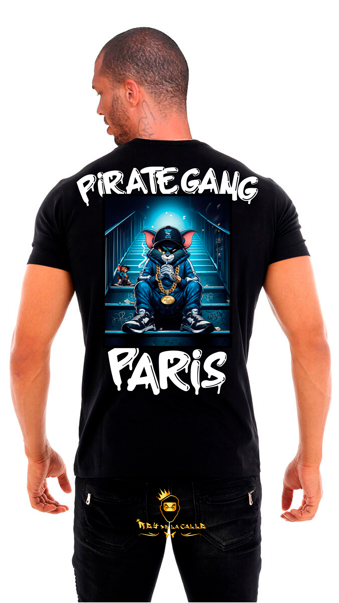 Camiseta Pirate Gang París Negra Pedrería Brillante Gato Tom