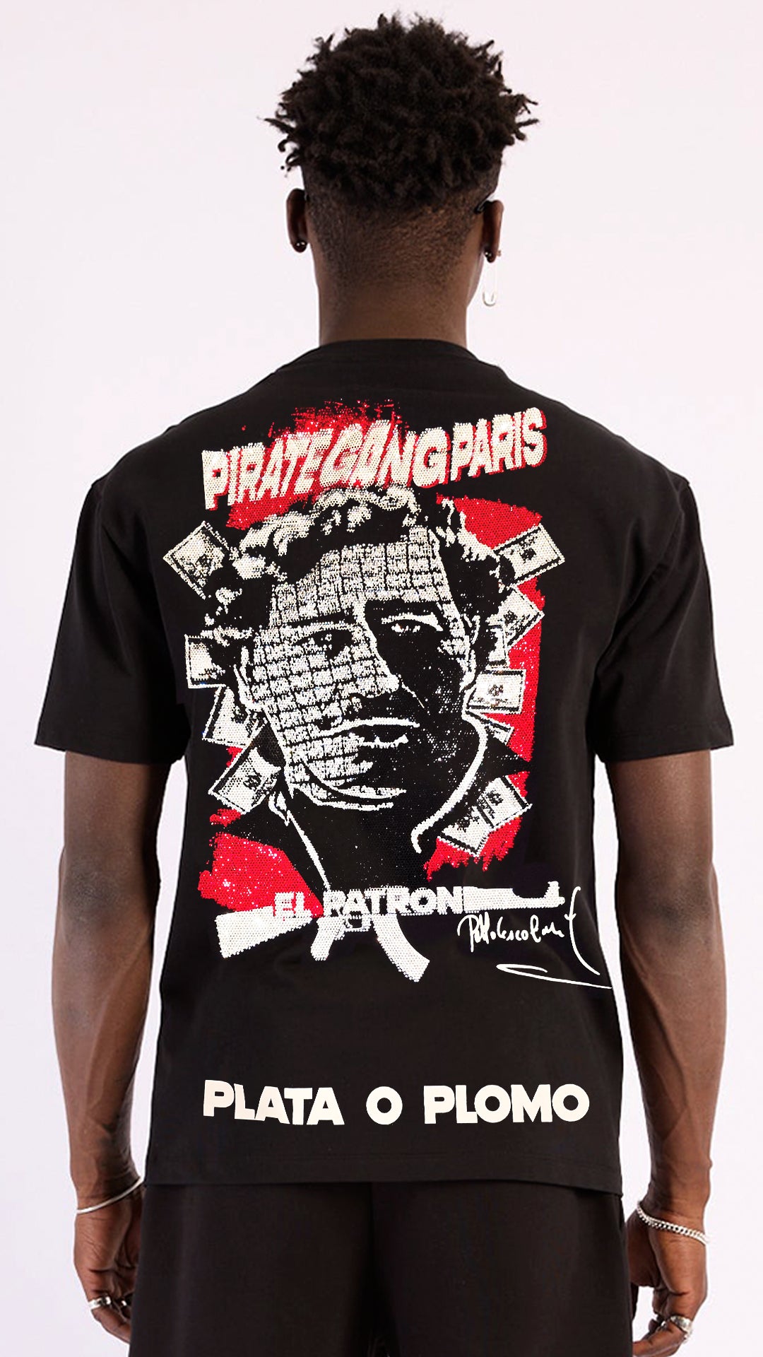 Conjunto Urbano Pirate Gang Paris El Patrón  Camiseta y Short Plata o Plomo con Pedrería Rey De La Calle