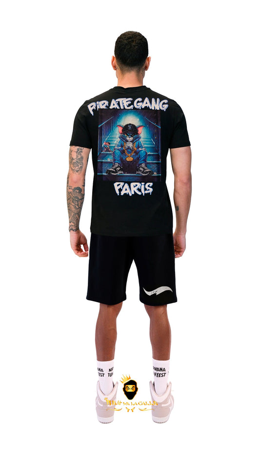 Conjunto. Camisetas o pantalon corto Pirate Gang Paris Negra Terciopelo y Pedrería Brillante Gato Tom Rey De La Calle
