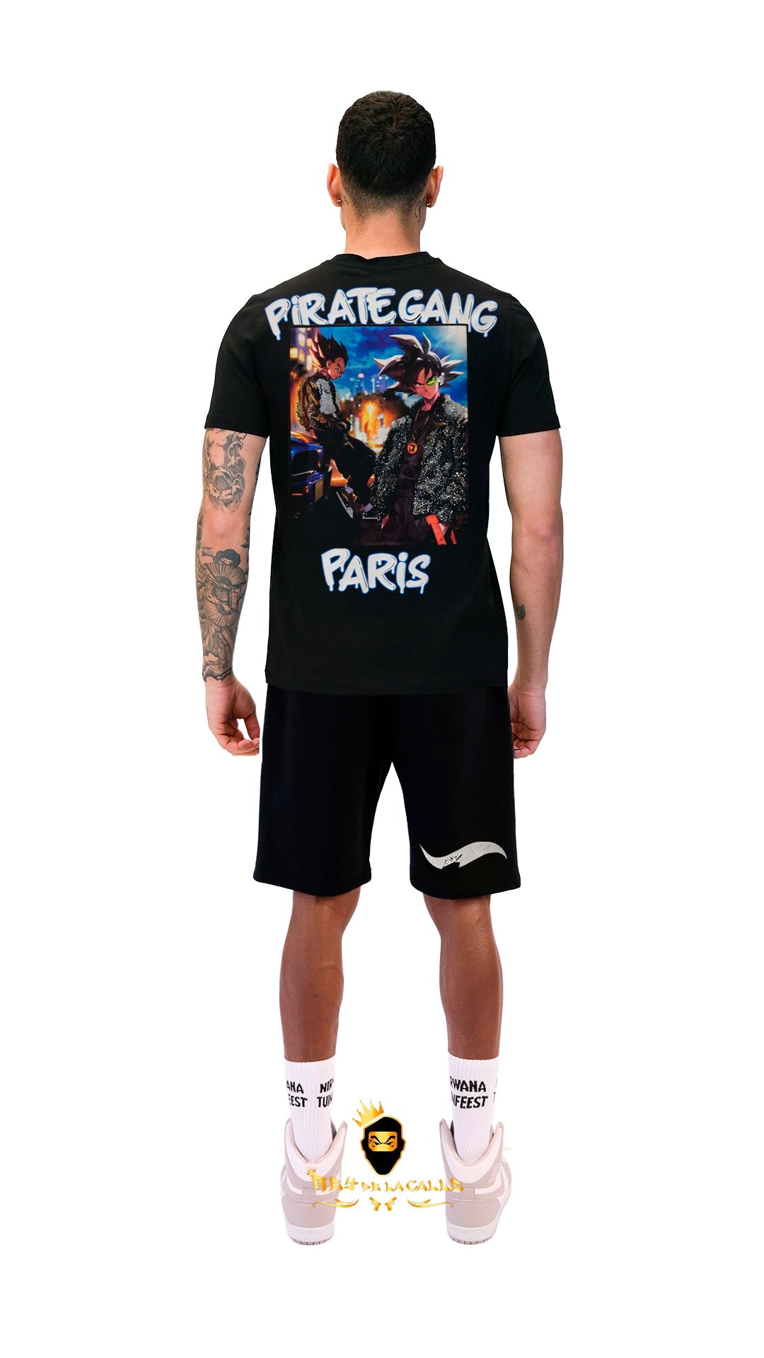 Conjunto. Camisetas o pantalon corto Pirate Gang Paris Negra Terciopelo y Pedrería Brillante Goku y Vegeta Rey De La Calle