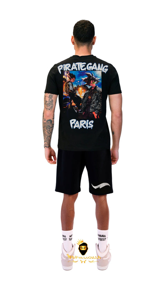 Conjunto. Camisetas o pantalon corto Pirate Gang Paris Negra Terciopelo y Pedrería Brillante Goku y Vegeta Rey De La Calle