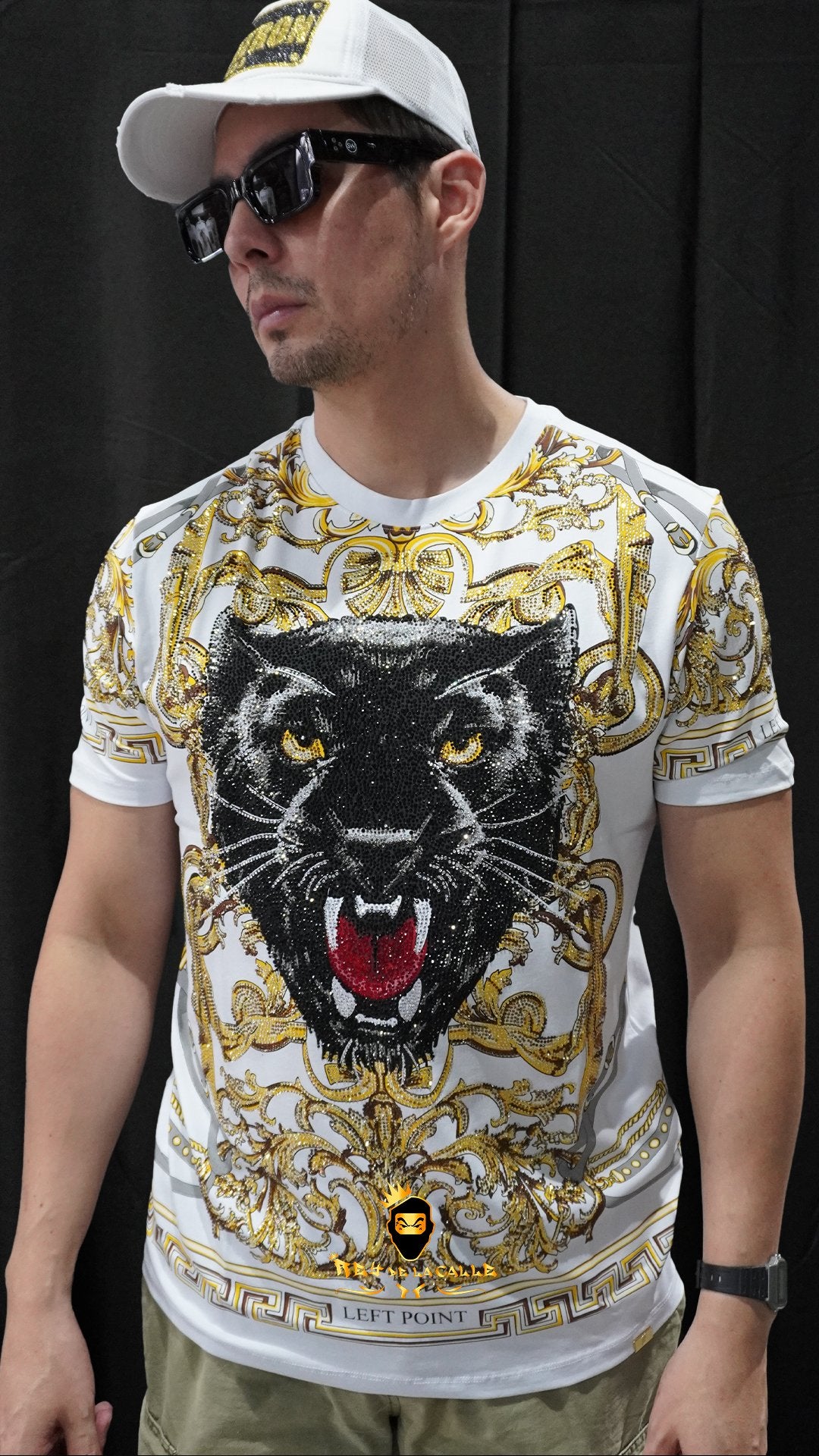 Camiseta Left Point Blanca Pedrería Brillante Cara De Pantera