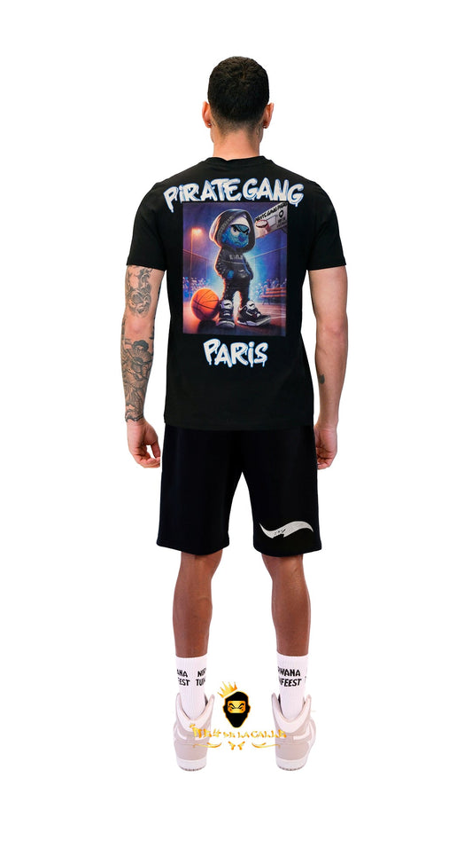 Conjunto. Camisetas o pantalon corto Pirate Gang Paris Negra Terciopelo y Pedrería Brillante Pitufo Gangster Rey De La Calle