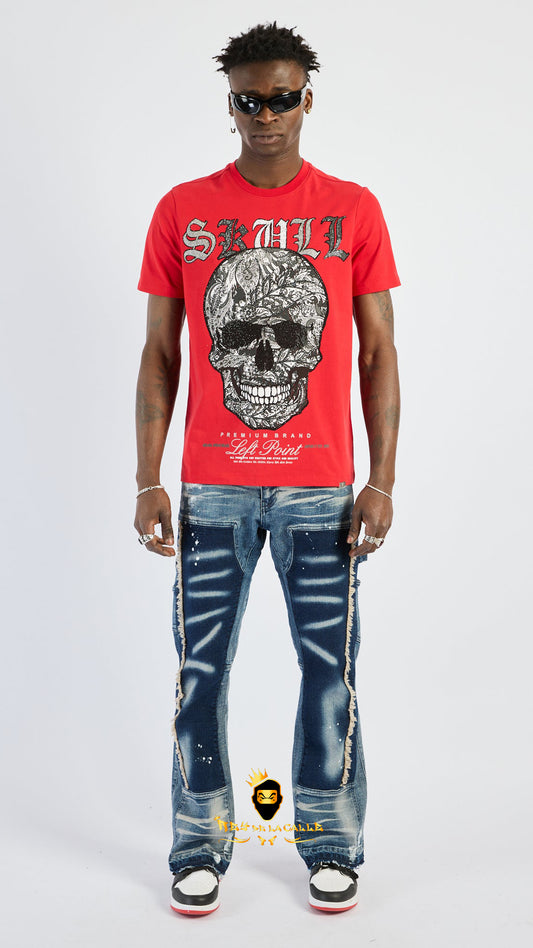 Camiseta Roja de Lujo Left Point - Calavera con Patrón Floral y Pedrería Oscura Rey De La Calle