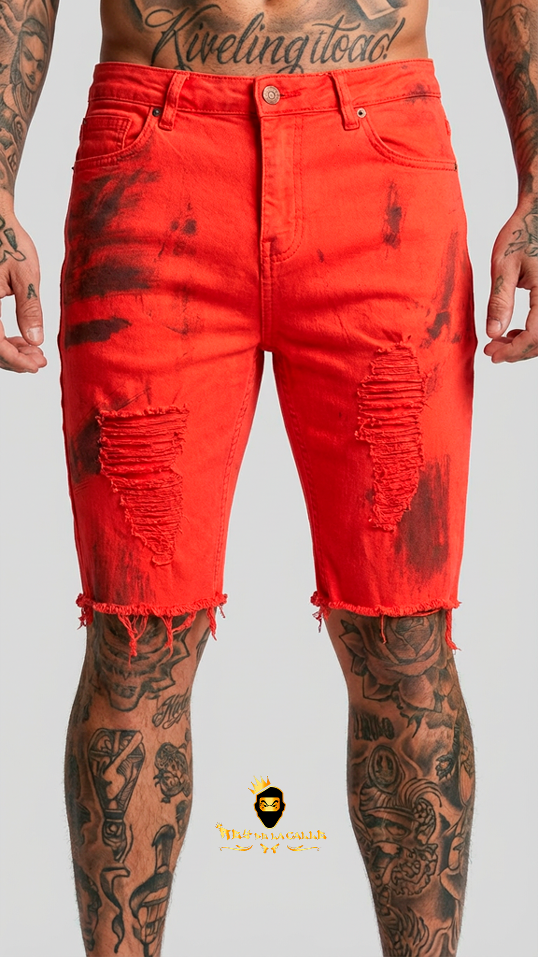 Pantalones Cortos Vaqueros Rojos de Hombre con Detalles Desgastados y Manchados en Negro GIANNI KAVANAGH