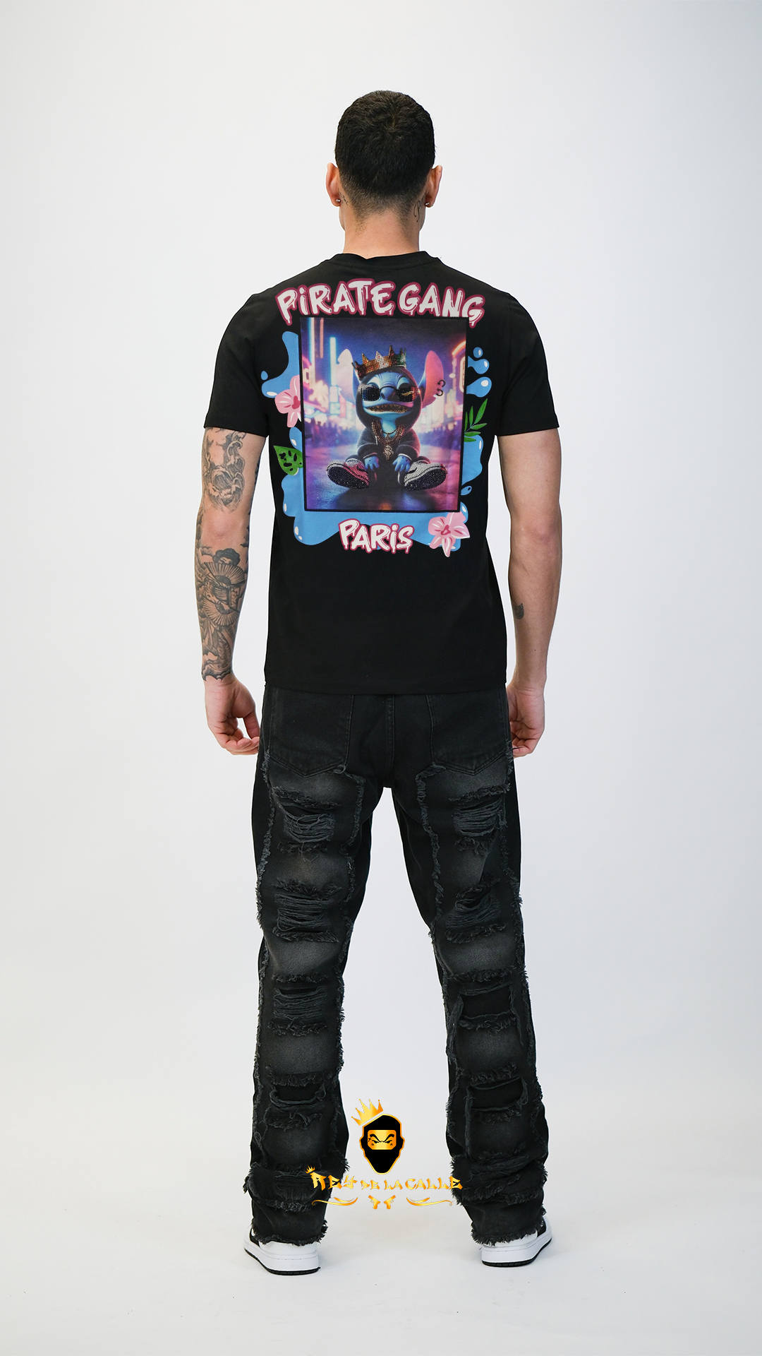 Camiseta Pirate Gang París Negra Terciopelo y Pedrería Brillante Stitch - Rey De La Calle