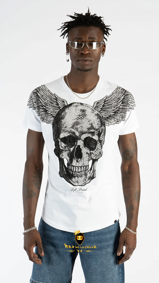 Camiseta Blanca de Lujo Left Point - Calavera con Alas en Pedrería y Cristales Brillantes Rey De La Calle