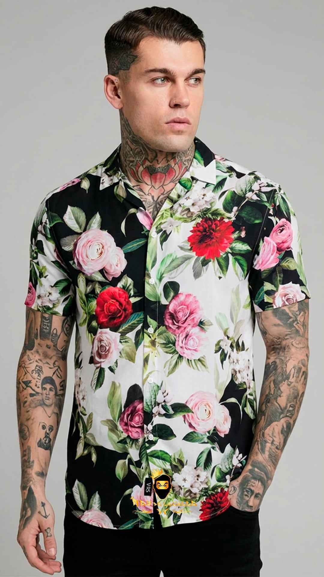Camisa de Hombre de Manga Corta Split con Estampado Floral de Rosas Rojas y Rosas