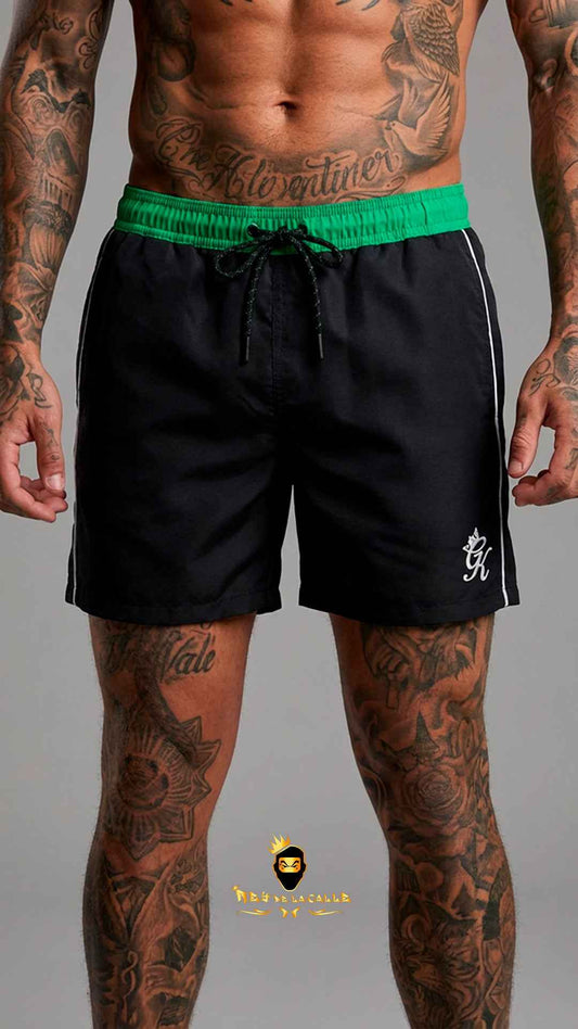 Bañador Negro Gym King con Cintura Elástica Verde y Ribete Blanco
