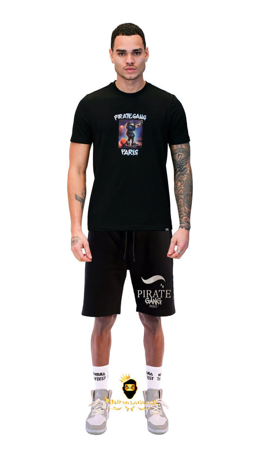 Conjunto. Camisetas o pantalon corto Pirate Gang Paris Negra Terciopelo y Pedrería Brillante Pitufo Gangster Rey De La Calle