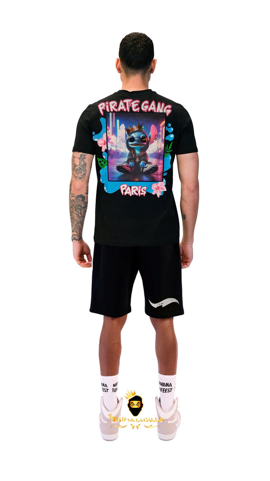 Conjunto. Camisetas o pantalon corto Pirate Gang Paris Negra Terciopelo y Pedrería Brillante Stitch Rey De La Calle