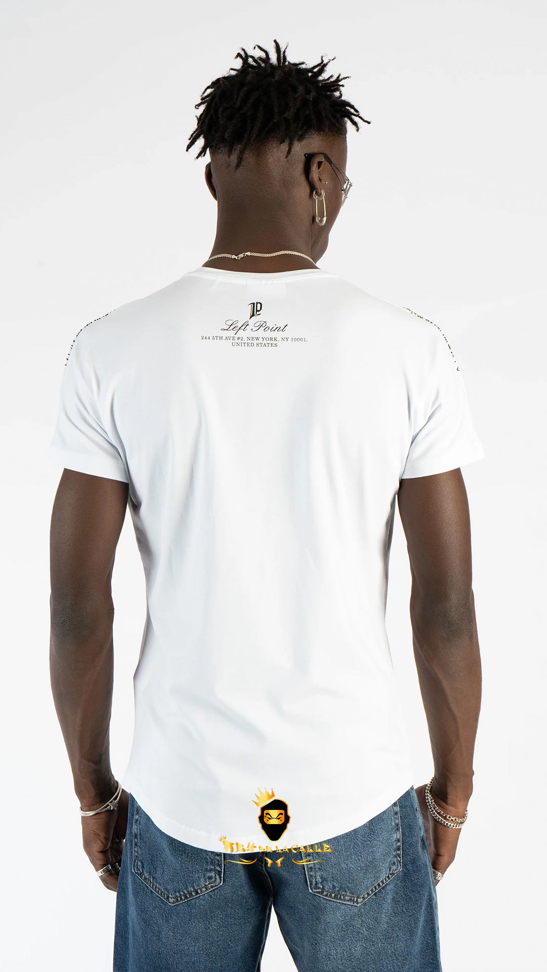 Camiseta Blanca de Lujo Left Point - Calavera con Alas en Pedrería y Cristales Brillantes Rey De La Calle