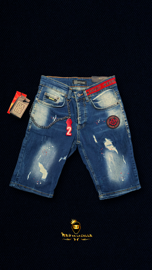 Pantalones Cortos Vaqueros de Lavado Medio con Detalles Rotos, Parche de Hoja y Doble Cadena OVDS