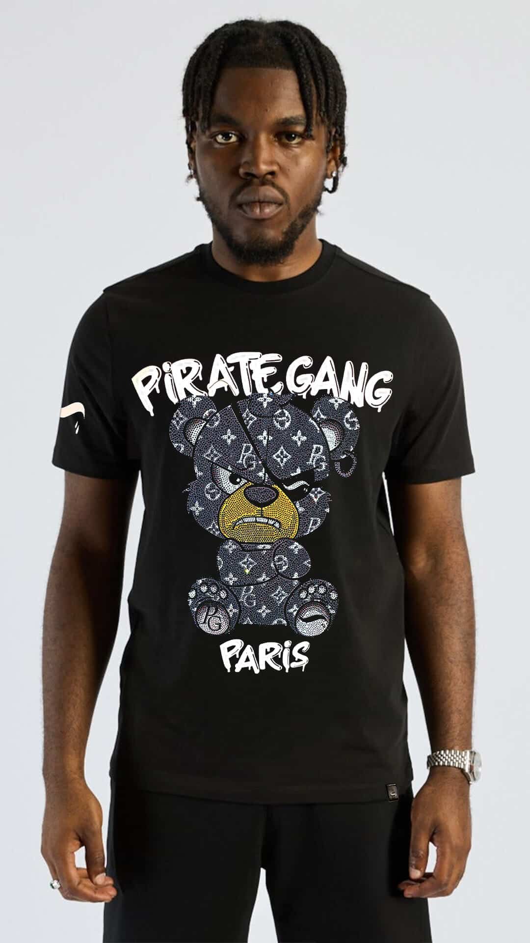 Camiseta Slim Fit Pirate Gang París Negra Pedrería Brillante Oso Negro