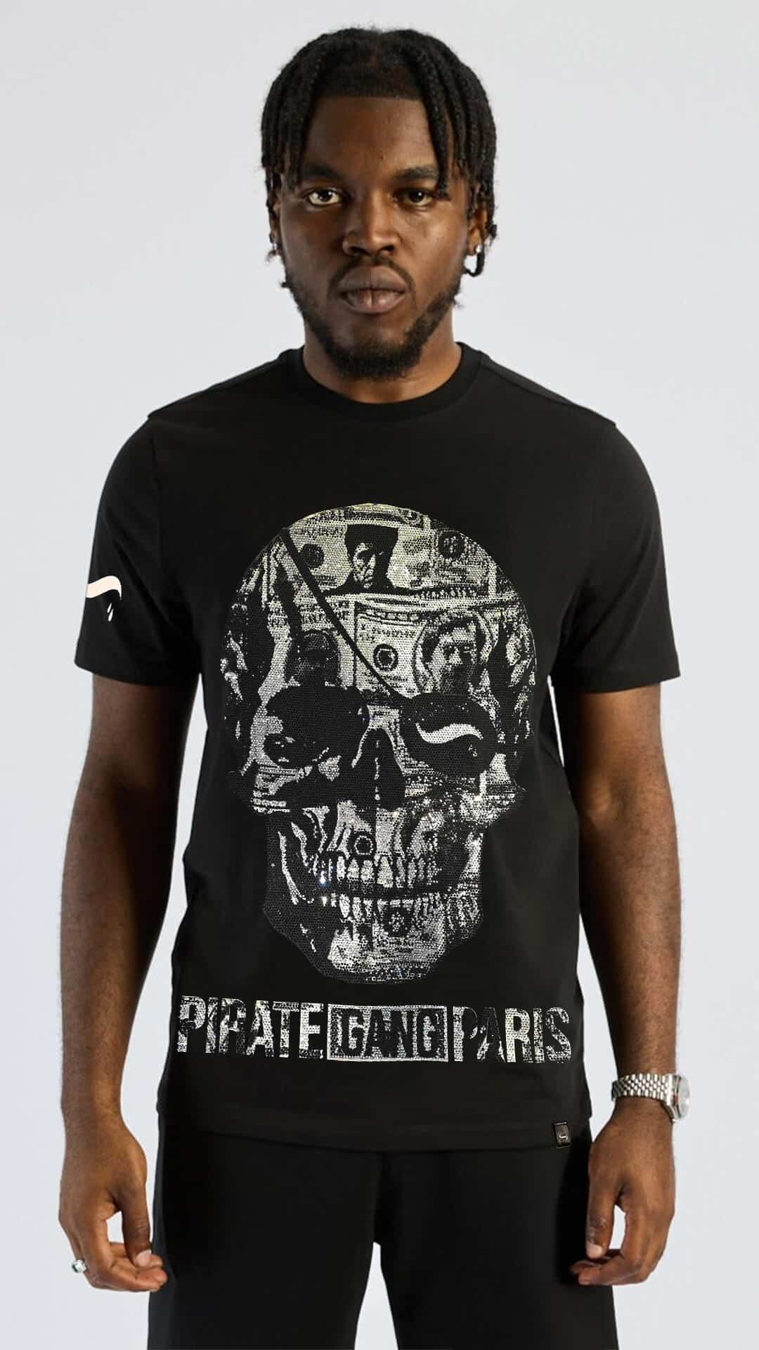 Camiseta Slim Fit Pirate Gang París Negra Pedrería Brillante Calavera