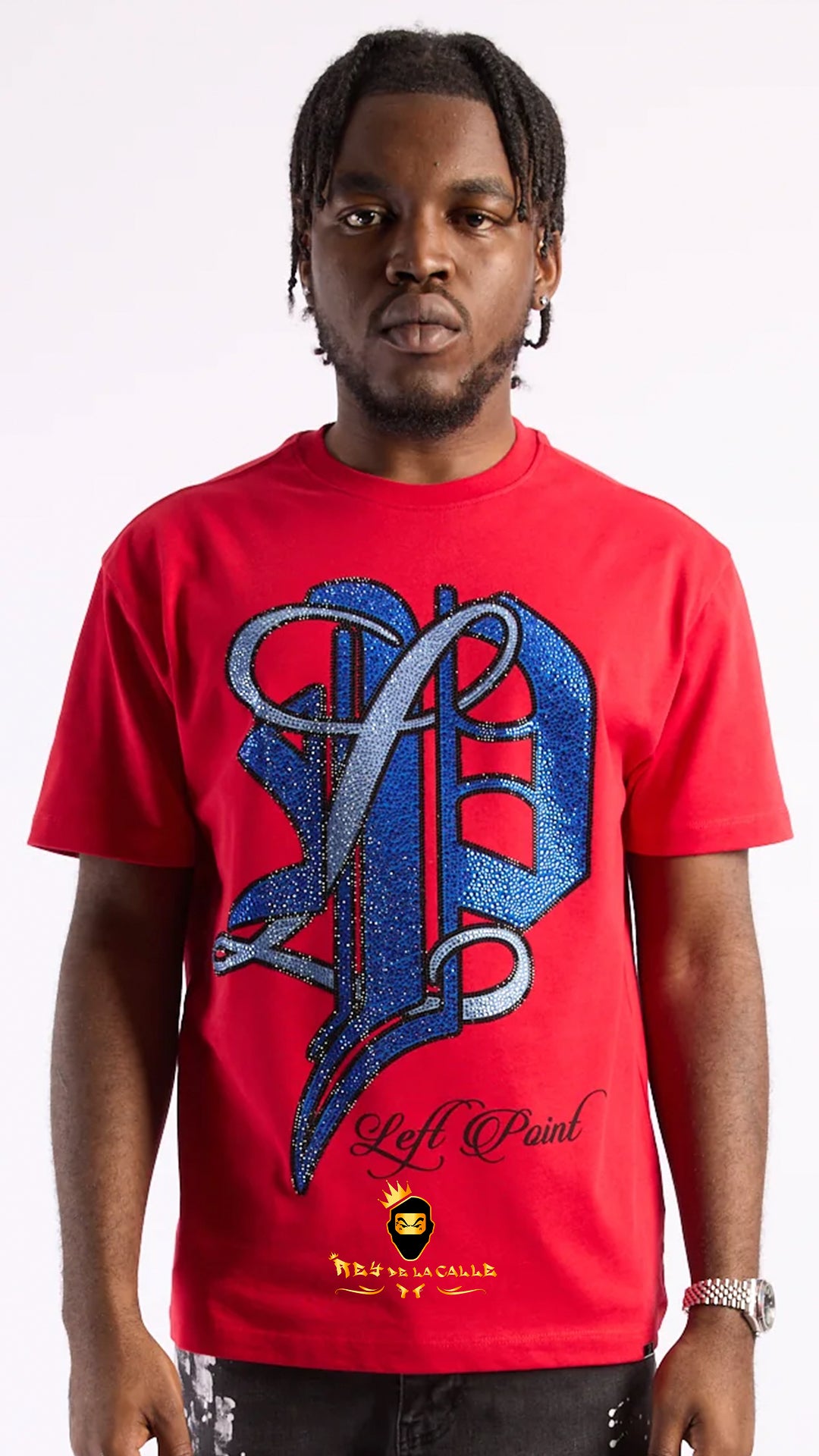 Camiseta Roja de Lujo Left Point - Logotipo LP en Pedrería Azul Real y Cristales Rey De La Calle