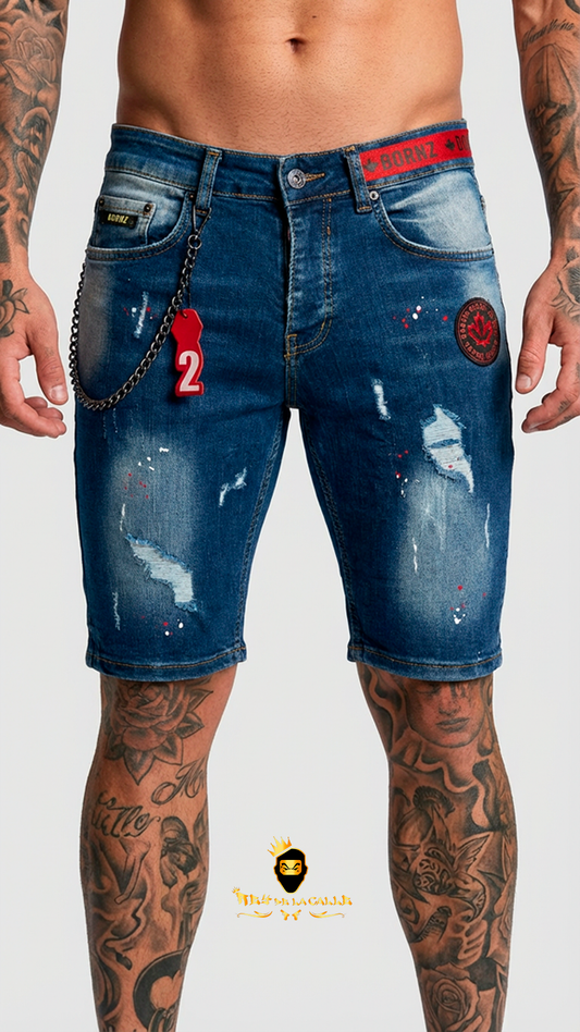 Pantalones Cortos Vaqueros de Lavado Medio con Detalles Rotos, Parche de Hoja y Doble Cadena OVDS