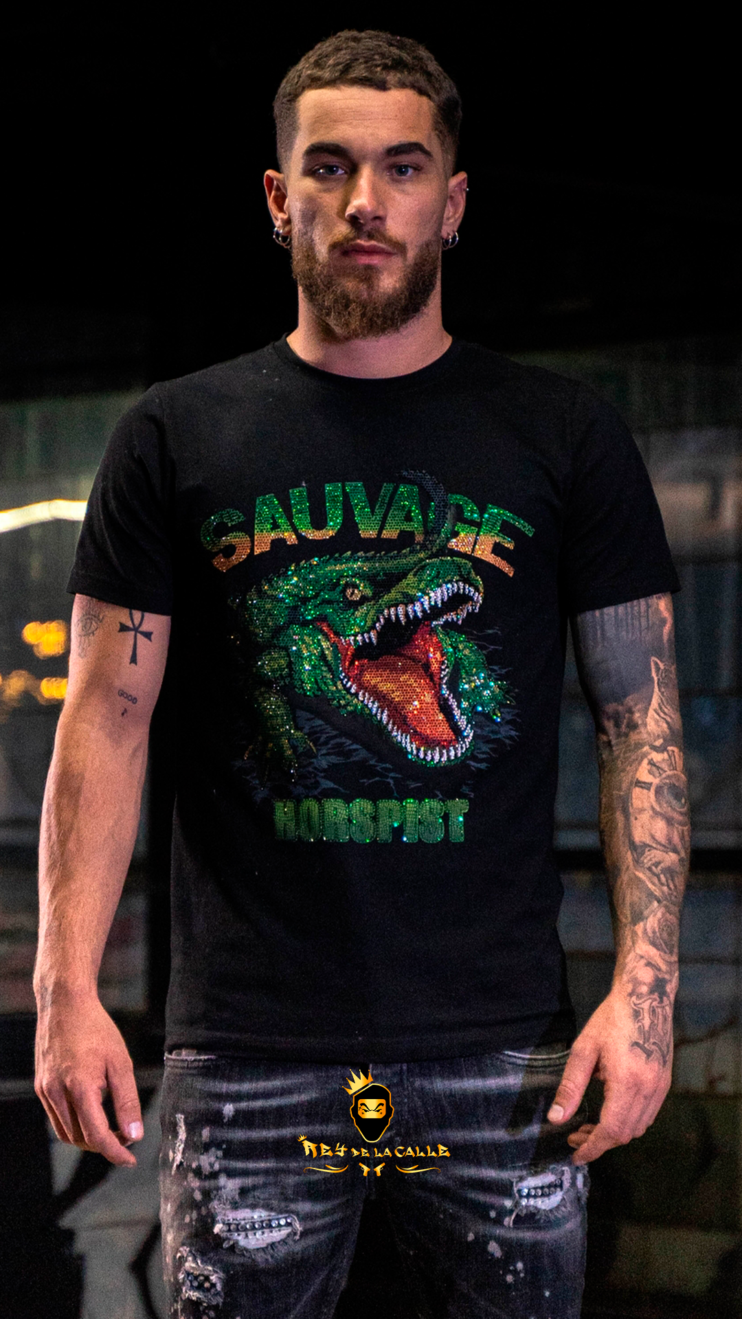 Camiseta Horspist París Negra Pedrería Brillante Reptile - Rey De La Calle