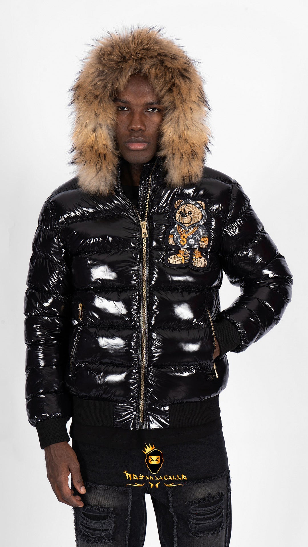 Chaqueta Left Point Negra Pedrería Brillante Oso  Negro Gorra Rey De La Calle