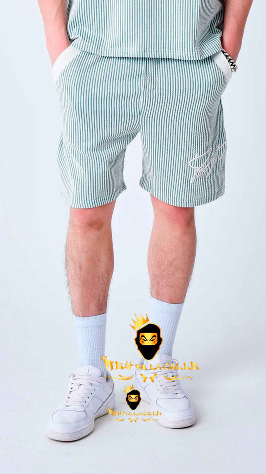 Pantalón Corto de Punto con Rayas Verdes y Blancas con Logo Bordado y Ribetes en Contraste