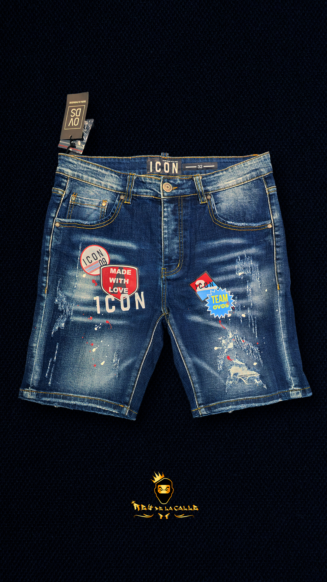 Pantalones Cortos Vaqueros de Lavado Medio con Detalles Rotos, Parches ICON 09, MADE WITH LOVE ICON y TEAM OVDS