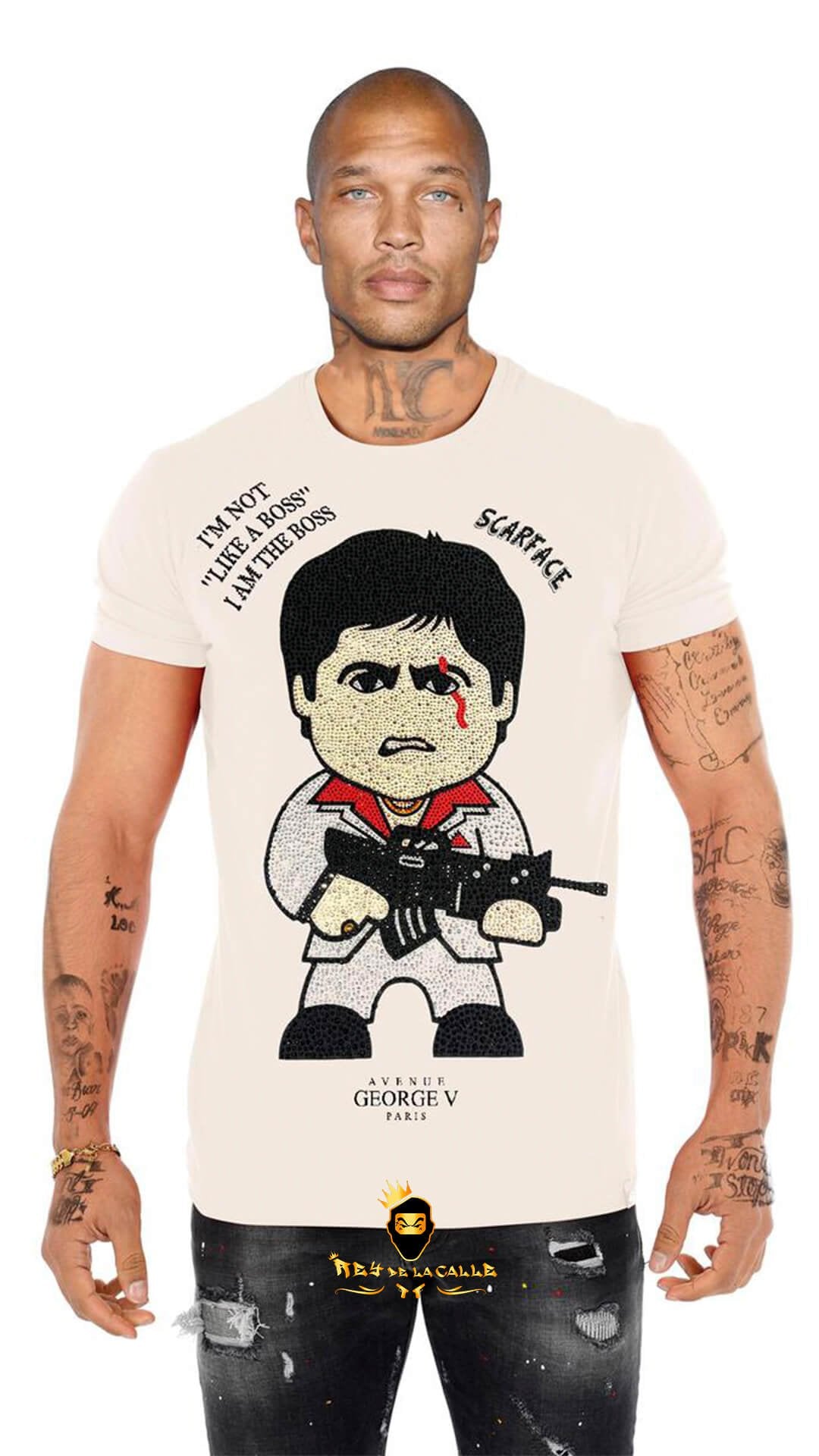Camiseta Avenue George V París Blanca Pedrería Brillante Scarface