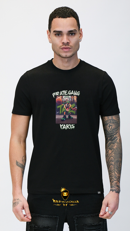 Camiseta Pirate Gang París Negra Terciopelo y Pedrería Brillante Taz - Rey De La Calle