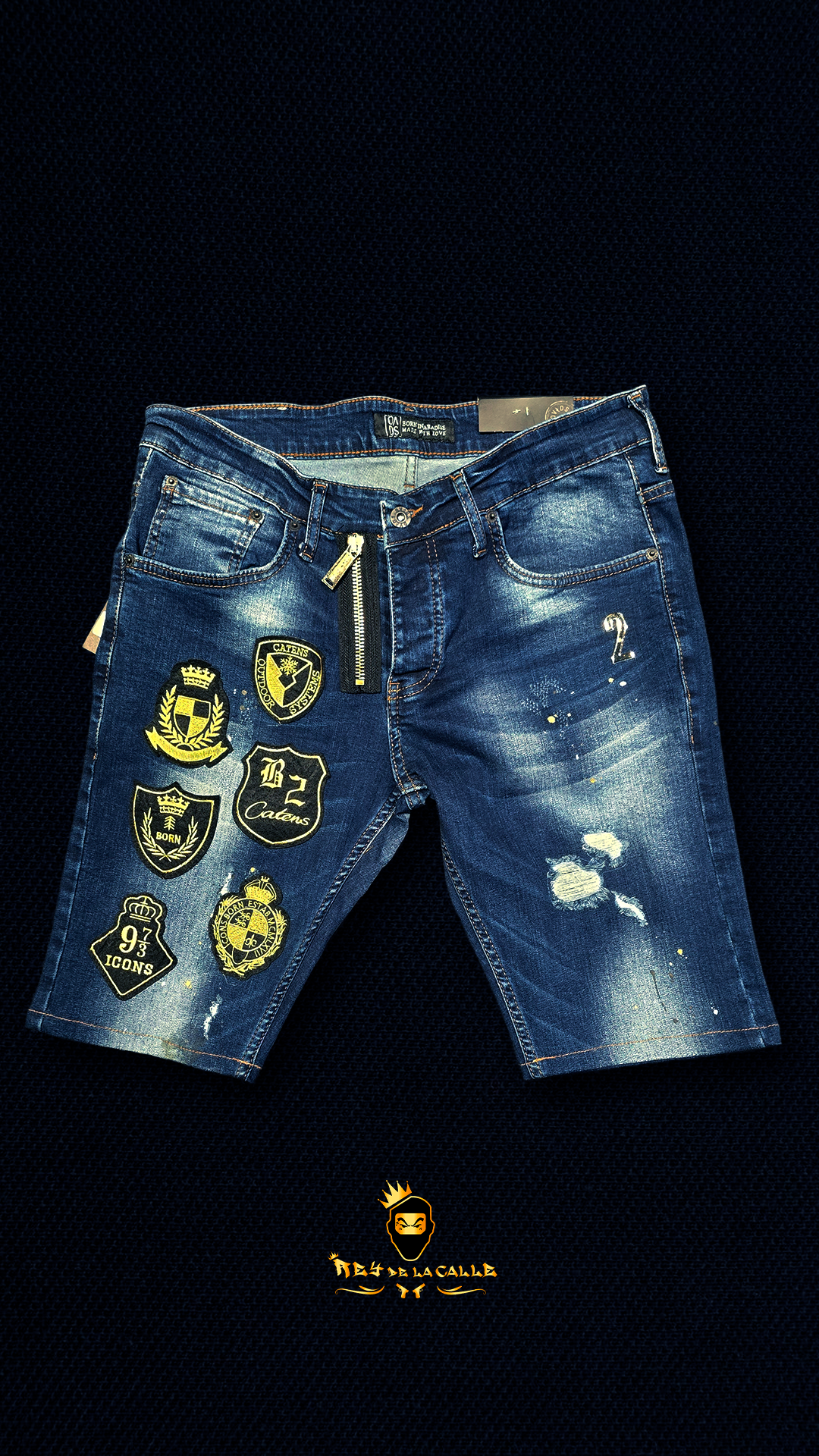 Bermudas Denim de Lavado Medio con Parches Reales Dorados y Cierre de Cremallera Frontal Royal Crest OVDS