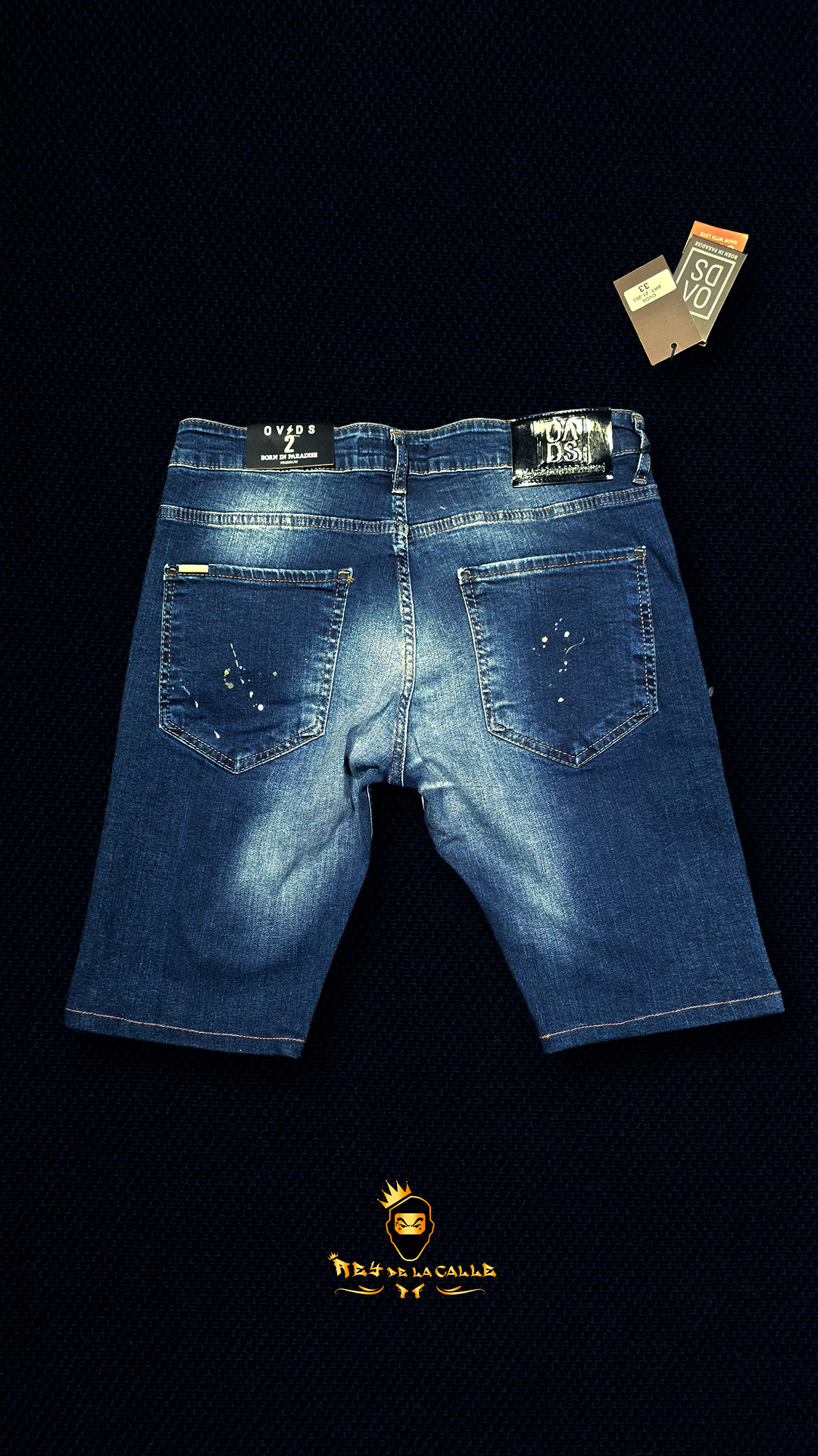 Bermudas Denim de Lavado Medio con Parches Reales Dorados y Cierre de Cremallera Frontal Royal Crest OVDS