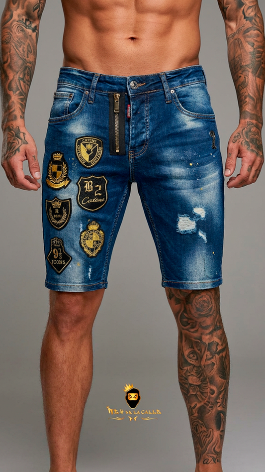 Bermudas Denim de Lavado Medio con Parches Reales Dorados y Cierre de Cremallera Frontal Royal Crest OVDS