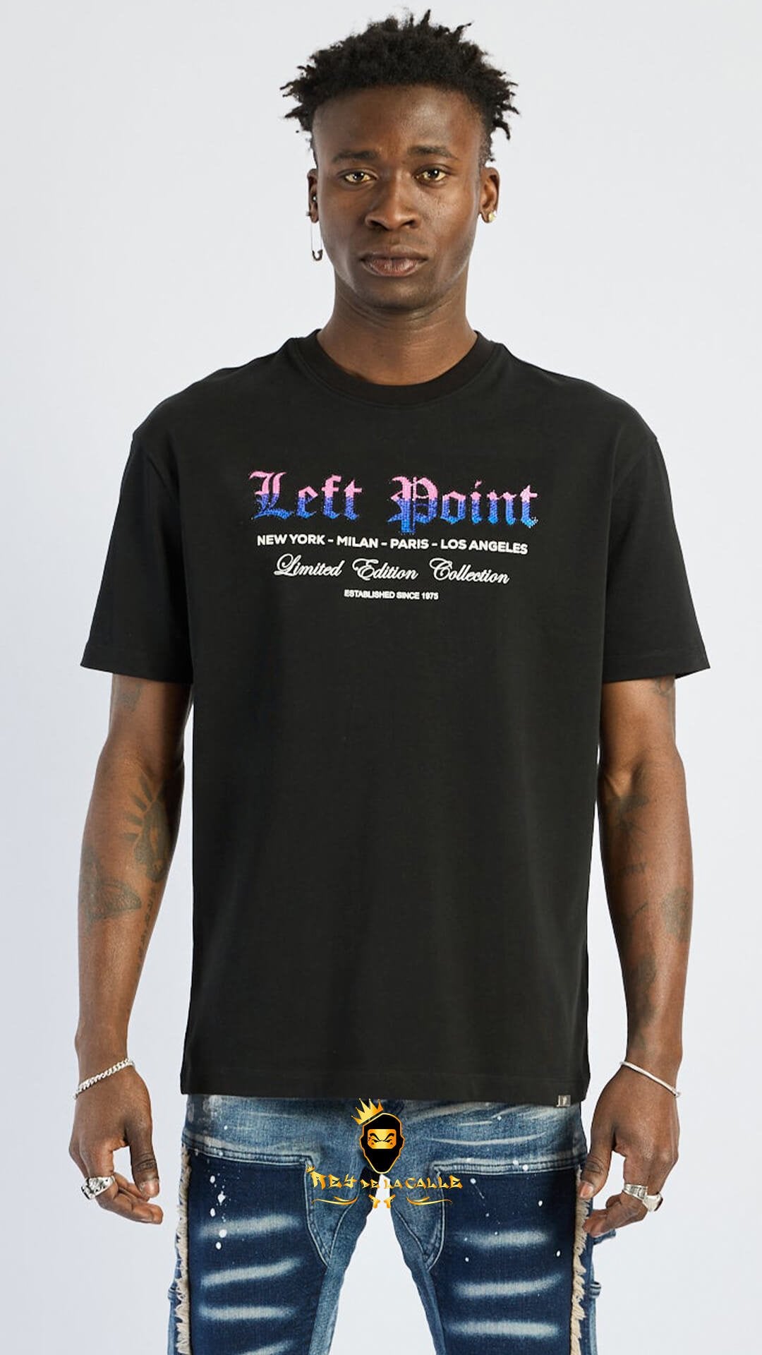 Camiseta Left Point Negra Pedrería Brillante Calavera Rosa Con Azul