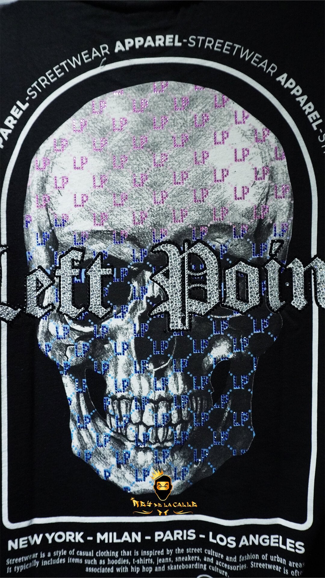 Camiseta Left Point Negra Pedrería Brillante Calavera Rosa Con Azul