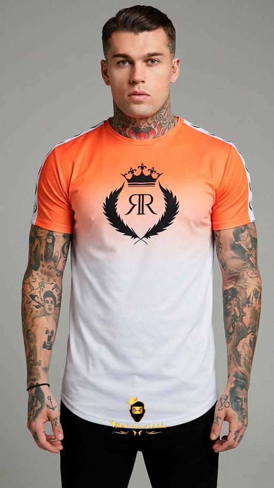 Camiseta Degradada de Naranja a Blanco con Corona RR y Bandas Laterales