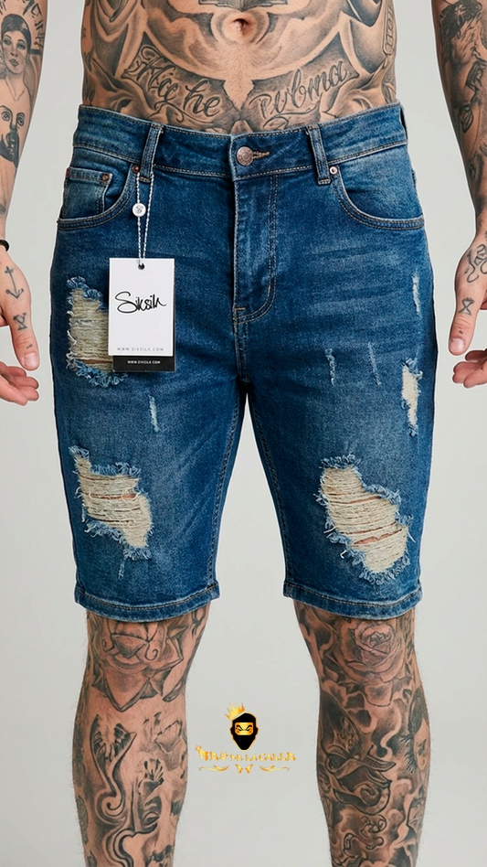 Vaqueros Cortos Denim SikSilk de Lavado Azul Medio con Grandes Rotos y Efecto Desgastado