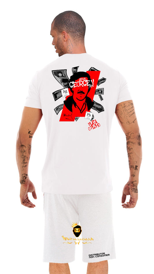 Conjunto Urbano Blanco El Patrón - Camiseta y Short con Gráfico Plata o Plomo y Tatuajes Rey De La Calle